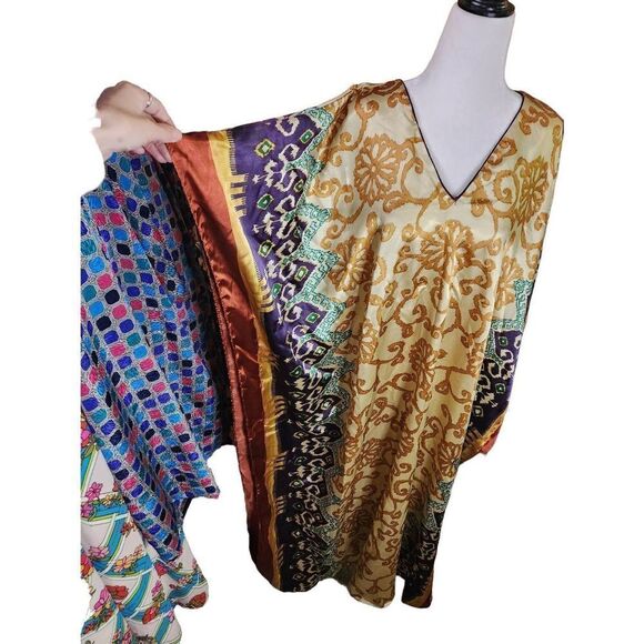 Vintage Silky Satin Polyester 70s Kaftan Print Gold Boho - Picture 2 of 5